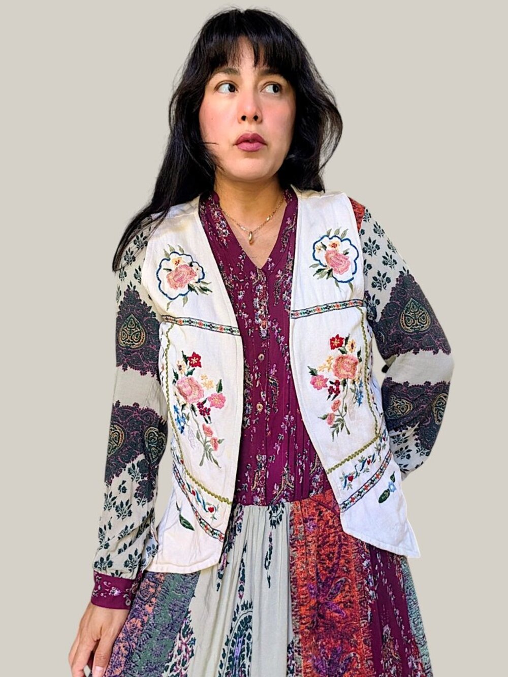 HG NY VTG 90's fairy boho cottage core 100% cotton floral embroidery vest M